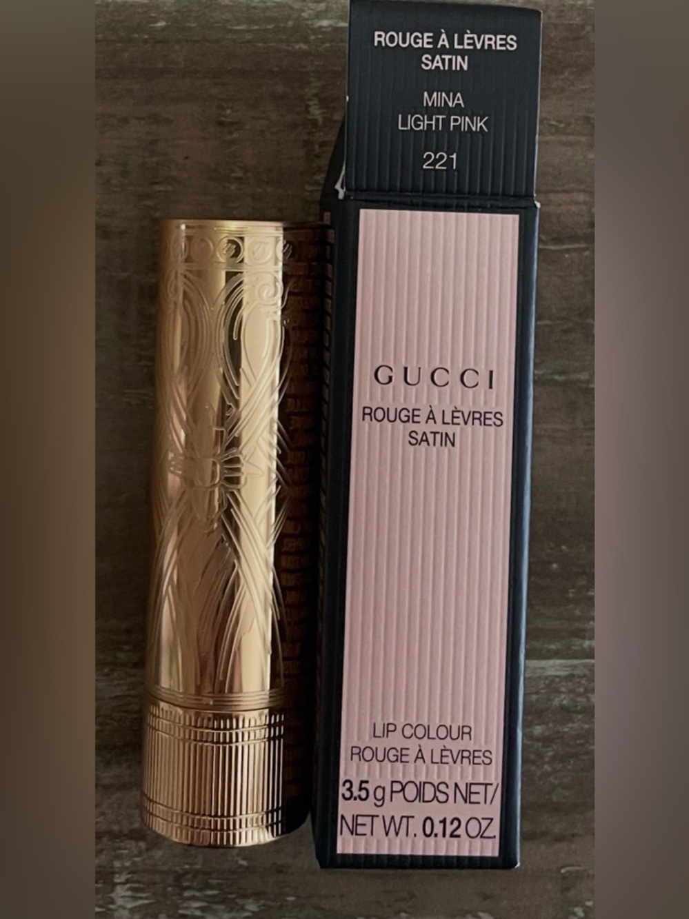 Gucci Satin Lipstick in #221 MINA LIGHT PINK with Gold Case FULL SIZE